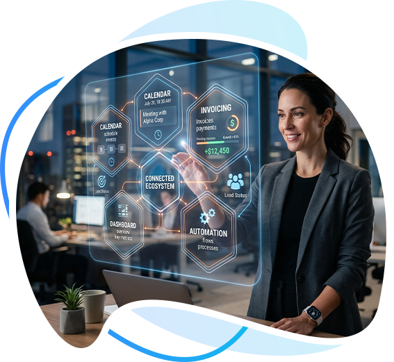 Professional interacting with a connected business ecosystem interface