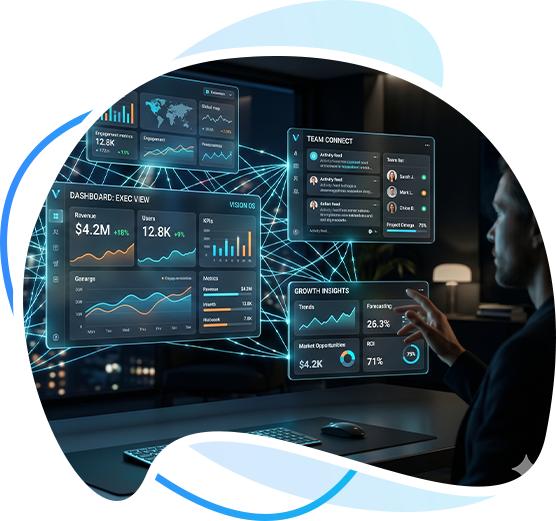 Professional interacting with futuristic business dashboards