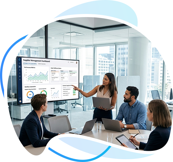 Team reviewing secure business dashboards in a meeting room