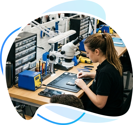 Technician repairing a device at a workbench