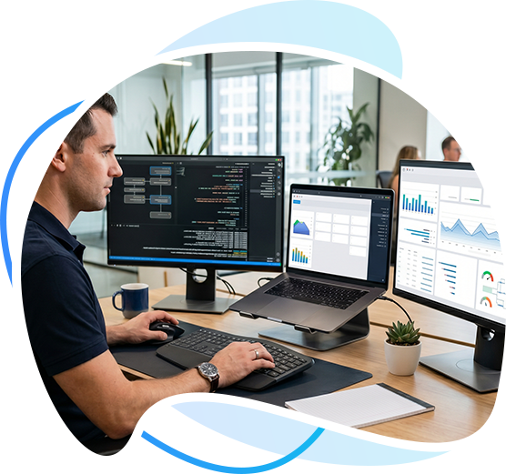 Developer working with dashboards and code on multiple monitors