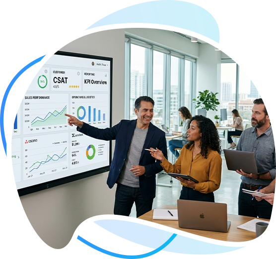 Team reviewing connected business dashboards