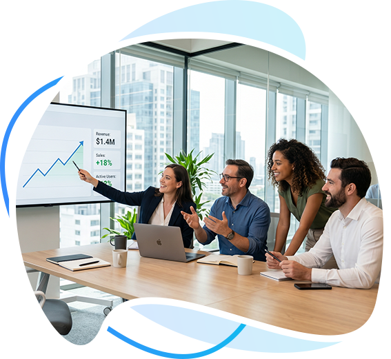 Team celebrating business growth on a revenue dashboard